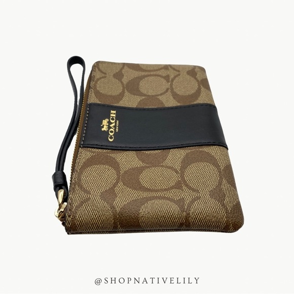 Coach Corner Zip Logo Wristlet In Signature Canvas With Stripe | Khaki/Black - Picture 7 of 11